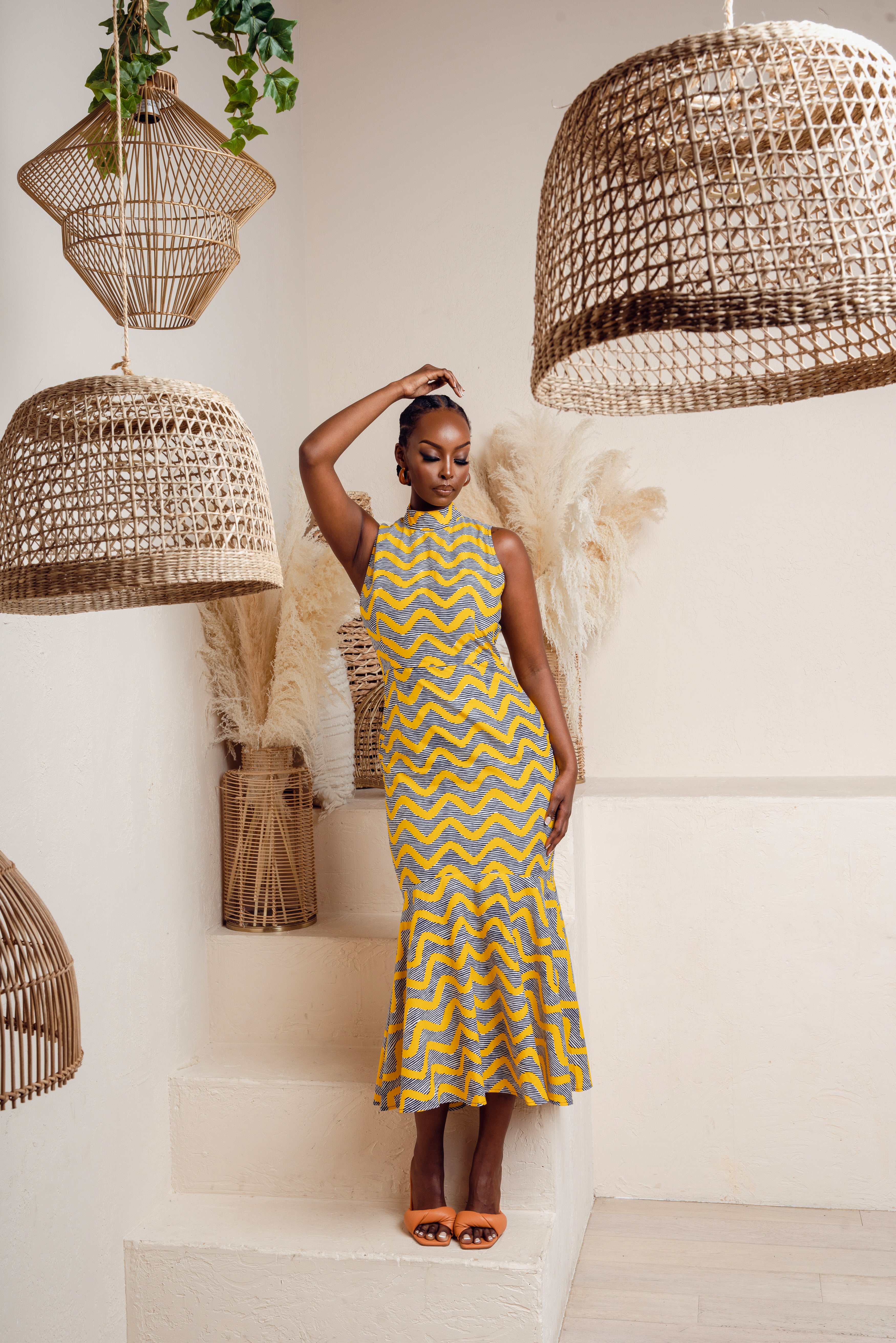 LISA African Print Maxi Mock Neck Peplum Dress