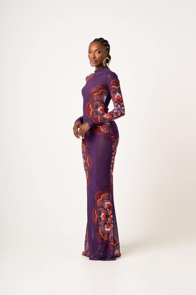ENANG PURPLE LONG SLEEVE MAXI MESH DRESS