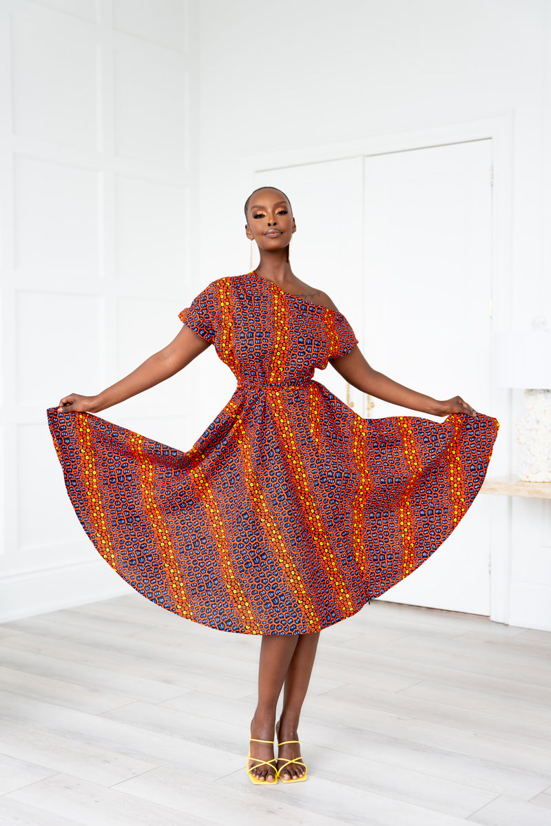 JEMIMA African Print One-shoulder Midi Dress