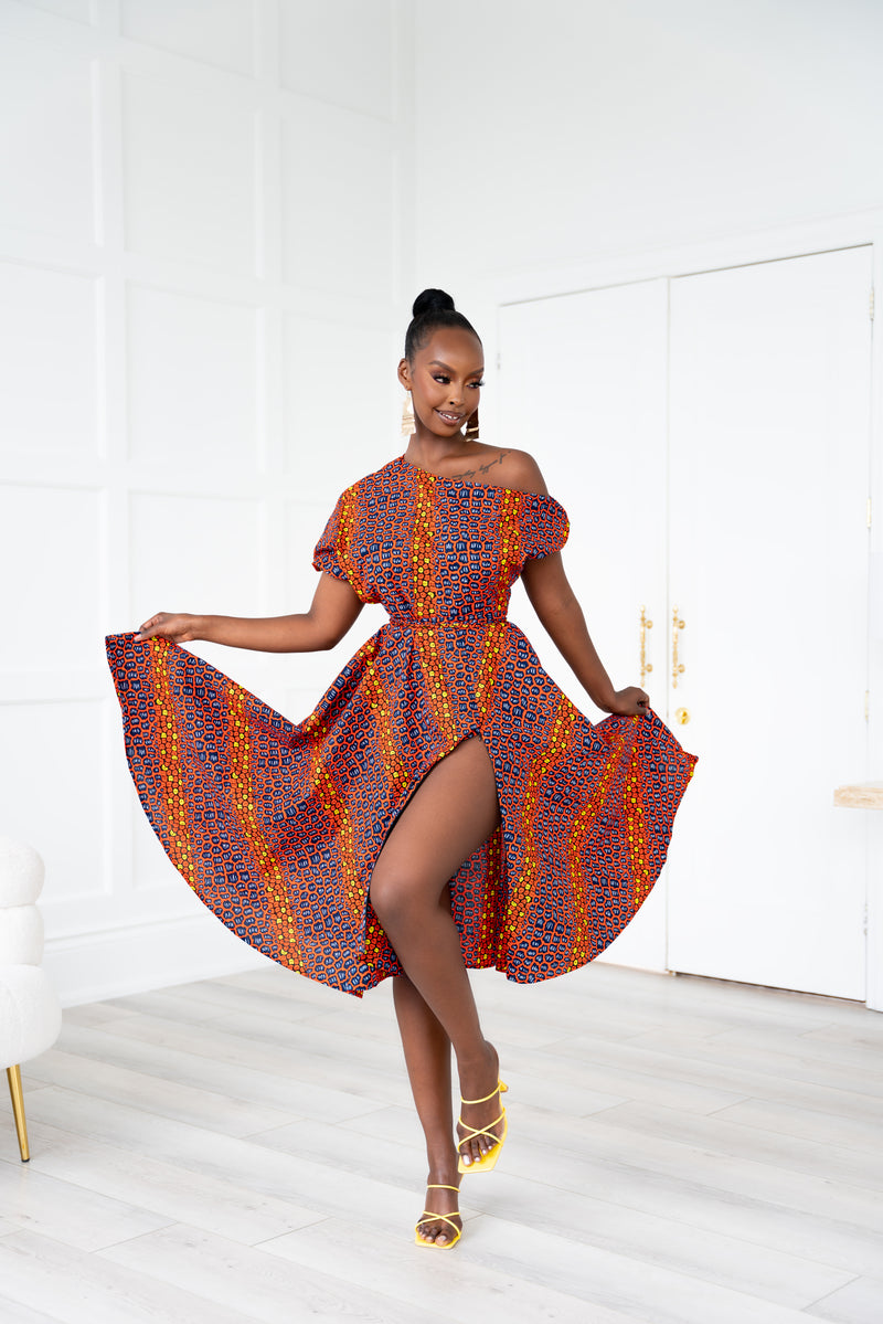 JEMIMA African Print One-shoulder Midi Dress