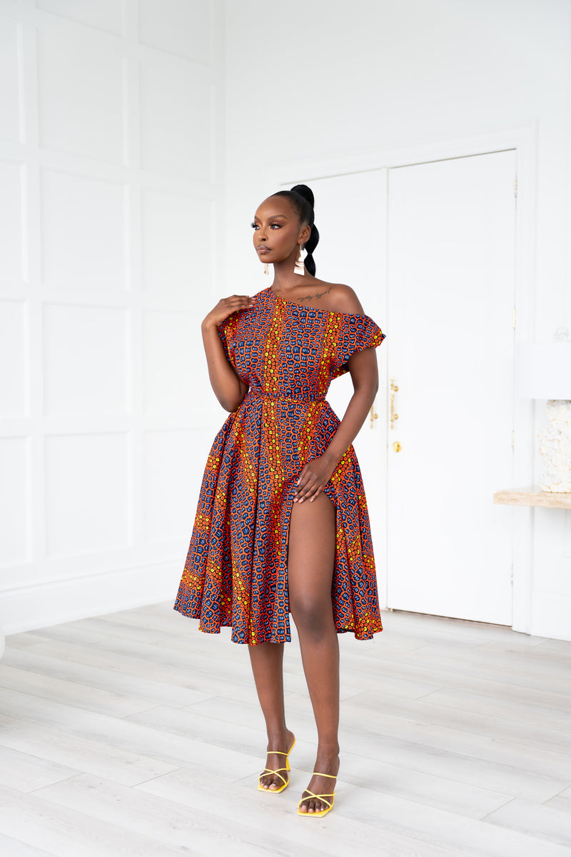 JEMIMA African Print One-shoulder Midi Dress