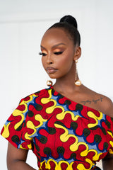 TURO African Print One-shoulder Midi Dress