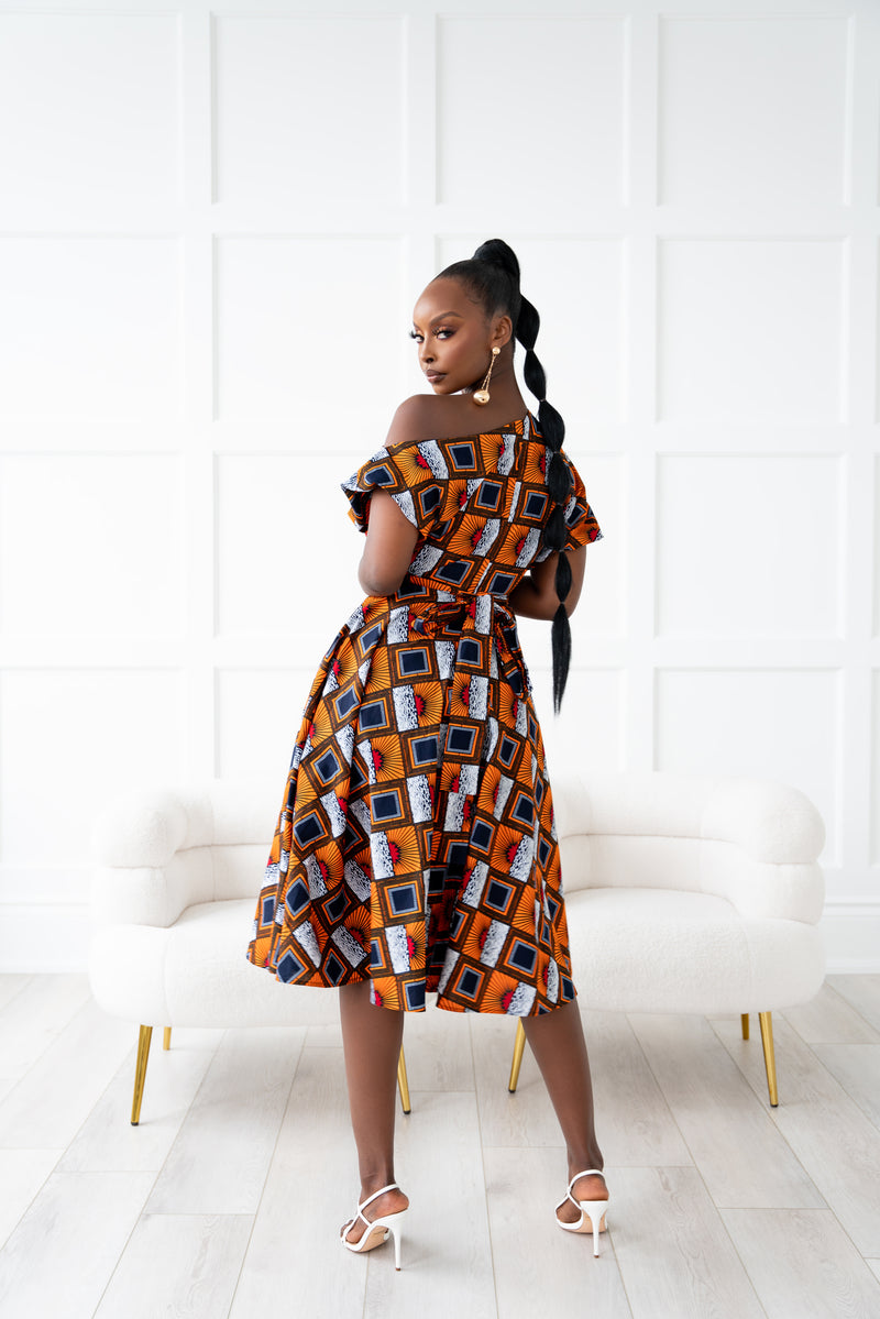 RIRE African Print One-shoulder Midi Dress