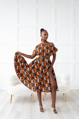 RIRE African Print One-shoulder Midi Dress