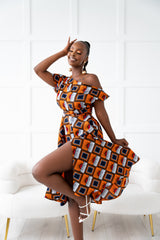 RIRE African Print One-shoulder Midi Dress