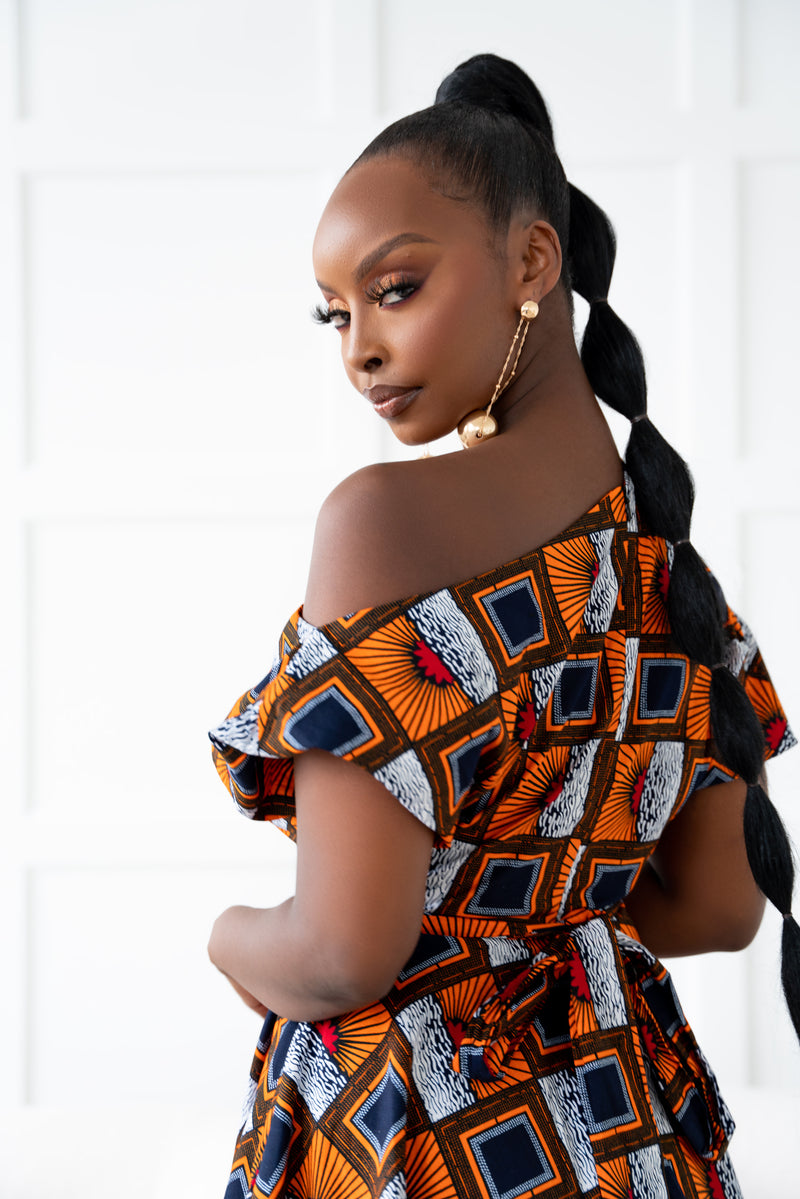 RIRE African Print One-shoulder Midi Dress
