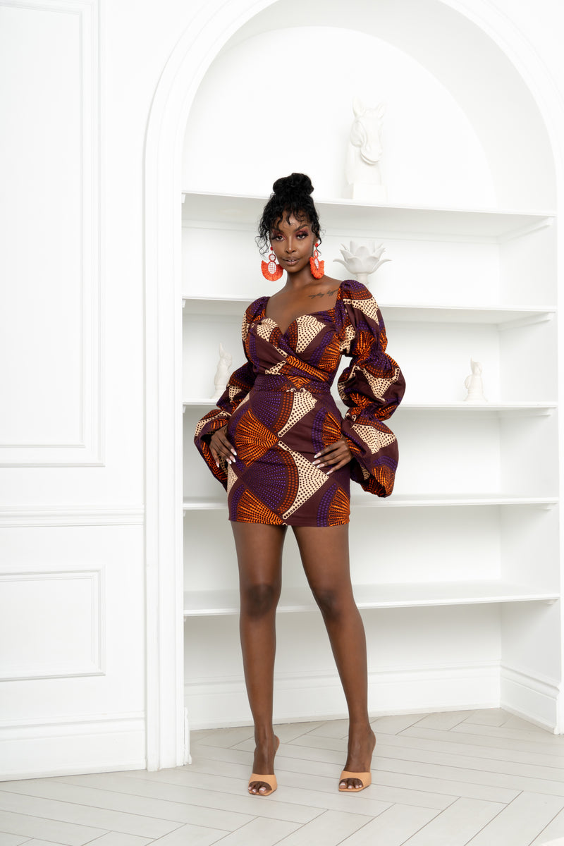 DORA African Print Off-shoulder Puffy Sleeve Mini Dress