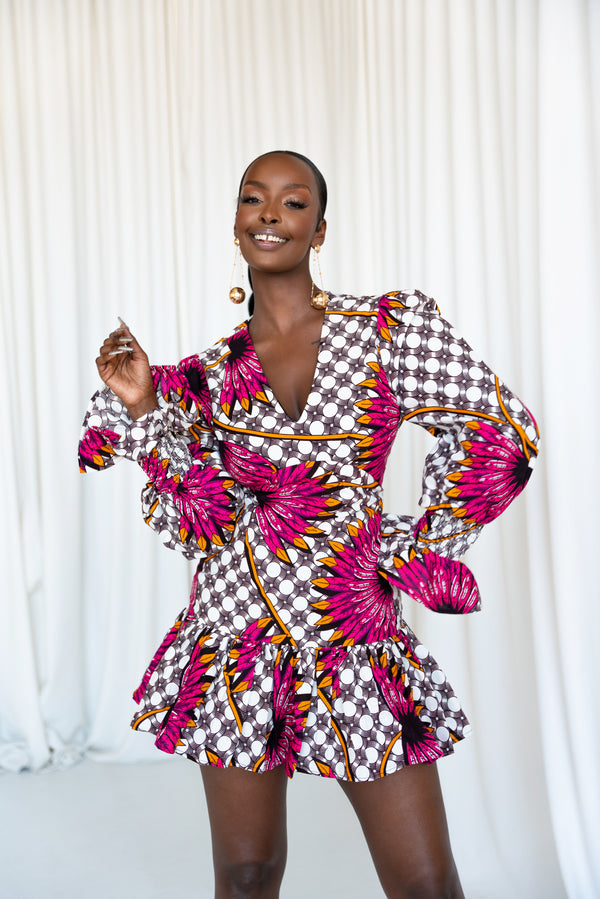 LADE African Print V-neck Peplum Mini Dress