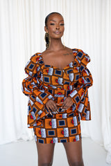 RIRE African Print Off-shoulder Puffy Sleeve Mini Dress