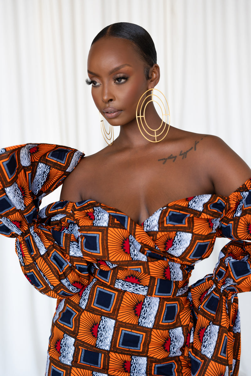 RIRE African Print Off-shoulder Puffy Sleeve Mini Dress